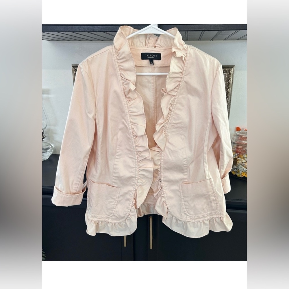Talbots Blush Pink Ruffle Trim Short Cotton Blazer Vented Cuffs Cotton Size 10